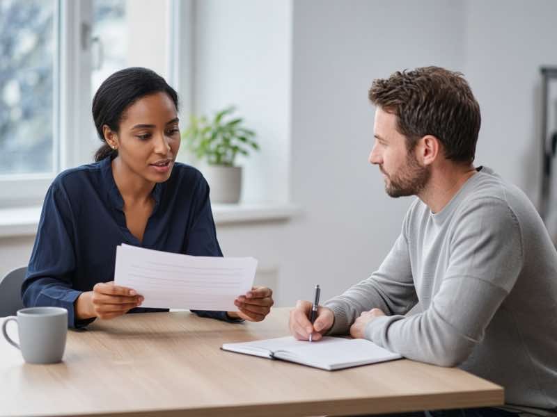 Two professionals reviewing a resume together in a bright office.